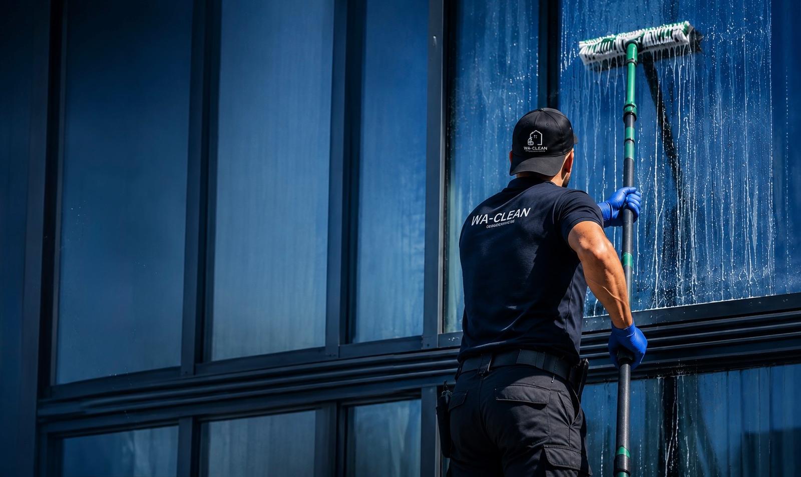 WA-Clean Mitarbeiter bei der professionellen Fensterreinigung einer Glasfassade